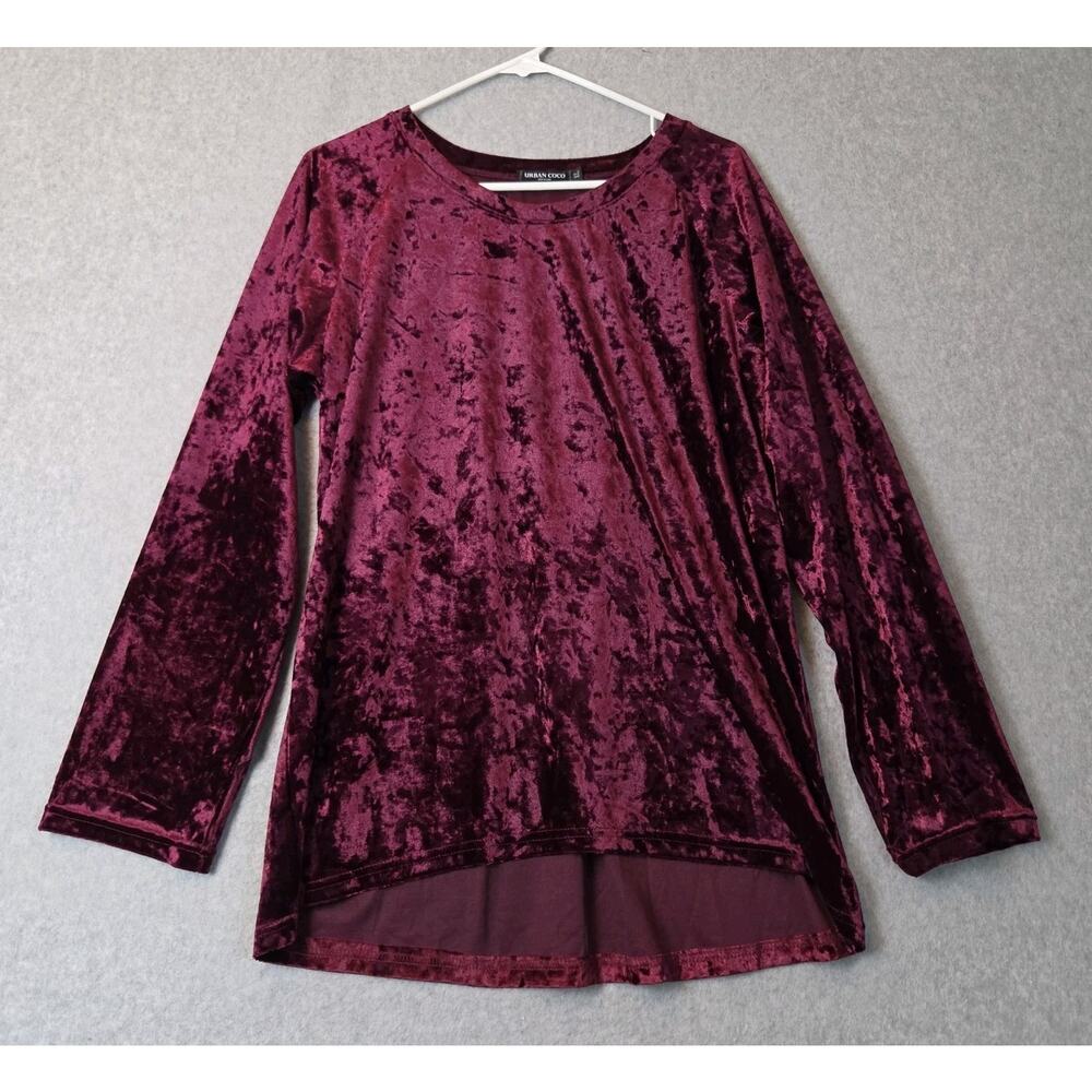 Urban Coco Burgundy Crushed Velvet LS Blouse Women's XL Stretch